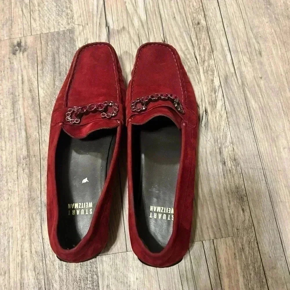 Stuart Weitzman RED Suede Leather Jeweled Loafers 6.5